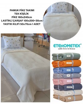 ETEHOMETEX HAVUZLU PİKE TAKIMI %100 PAMUK TEK KİŞİLİK KREM 8696474232109